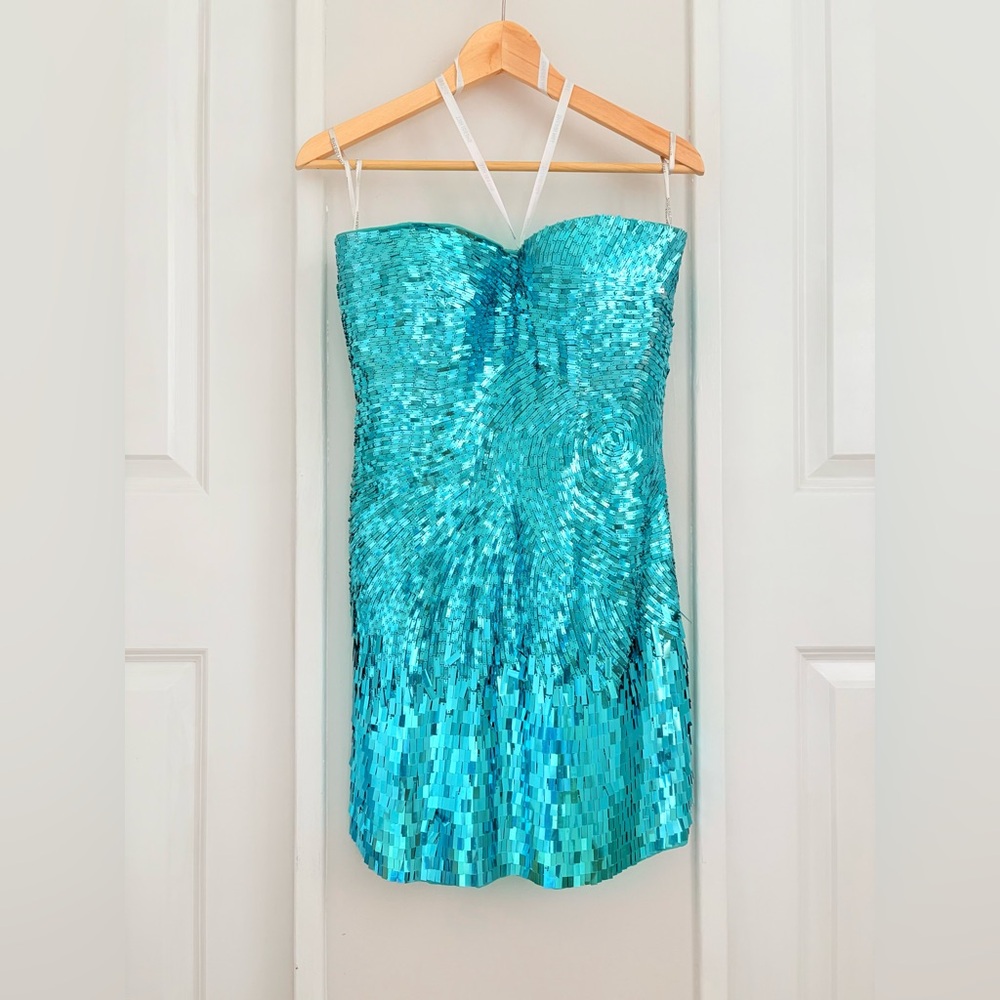 Sherri Hill Turquoise Sequin Strapless Mini Dress Size 8